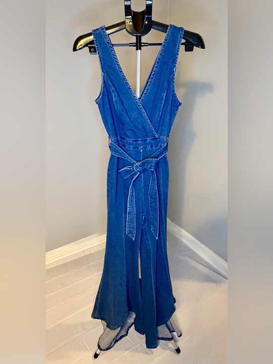 Vici Pants - Vici Blue Denim Sleeveless Wrap Jumpsuit with Tie Waist